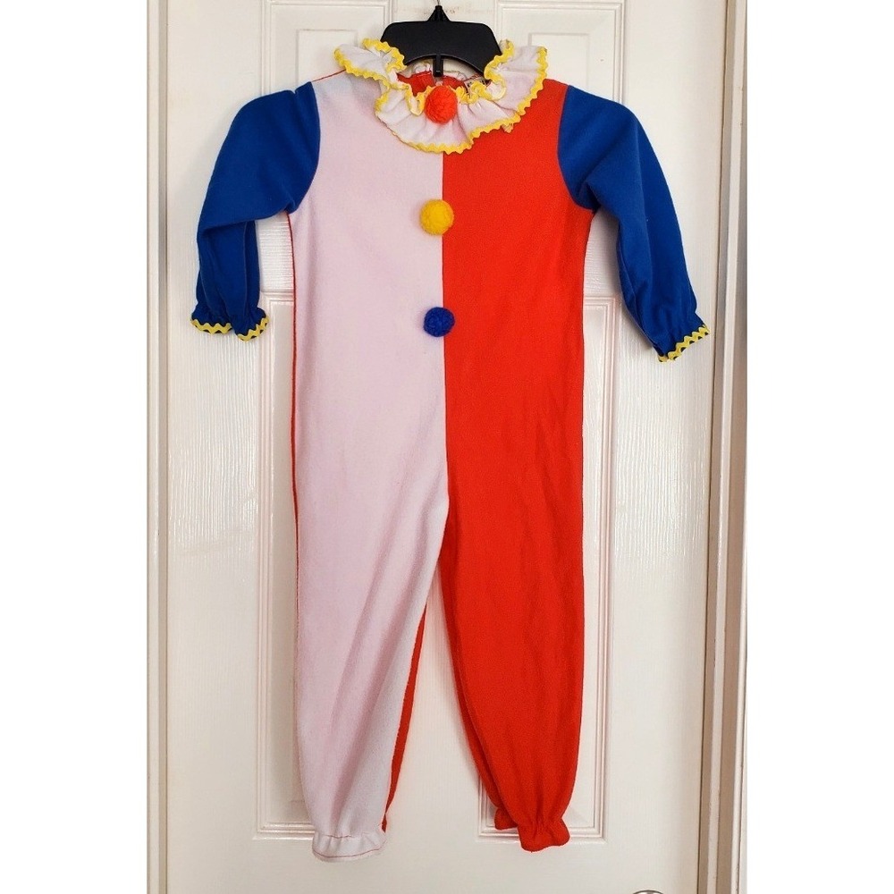 Vintage 80's‎ Clown Costume Multicolor Ruffle Pom Pom Halloween Dress Up Med 3/4